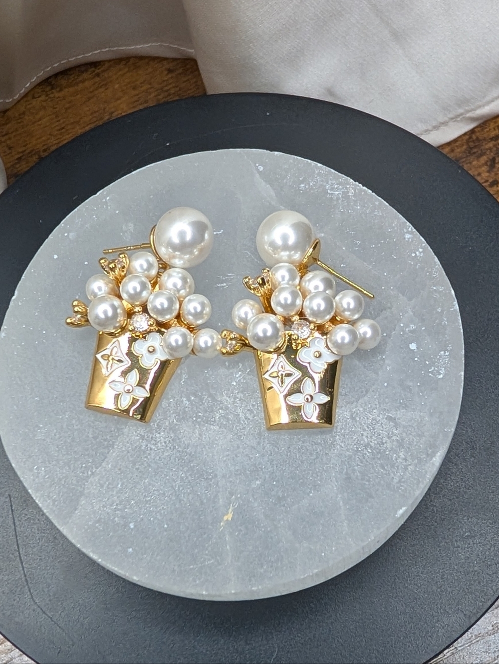 Gold Pearl& Crystal Floral Statement Earrings Designer Inspired UNIQUE FIND!